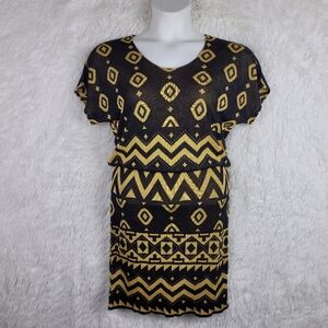 Brenda French Size 1 Hand Loomed Gold Black Geometric‎ Knee Length Dress